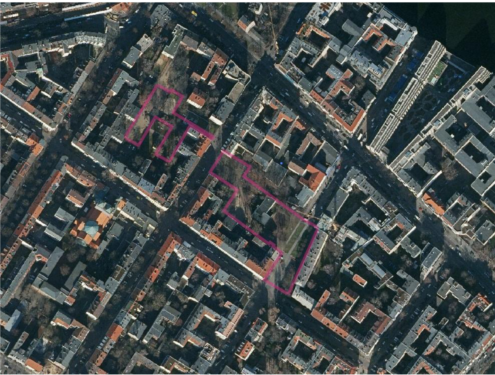 Luftbild des Wettbewerbsgebiets © Geoportal Berlin, Änderungen Stadtkontor GmbH
