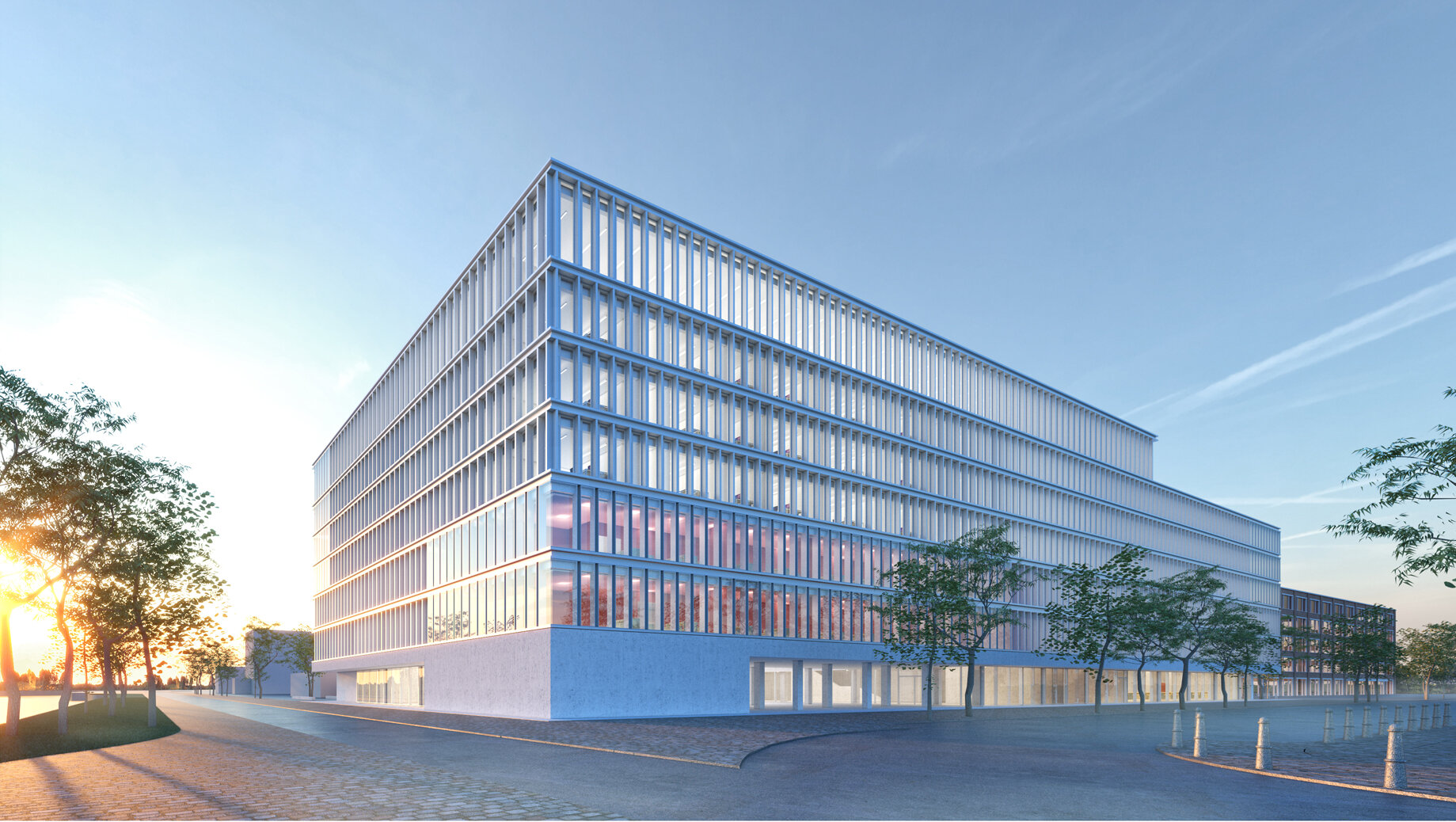 Visualisierung Neubau Mathematik (MATH) in der Dämmerung, Perspektive von Nord-West © Code Unique Architekten, Dresden