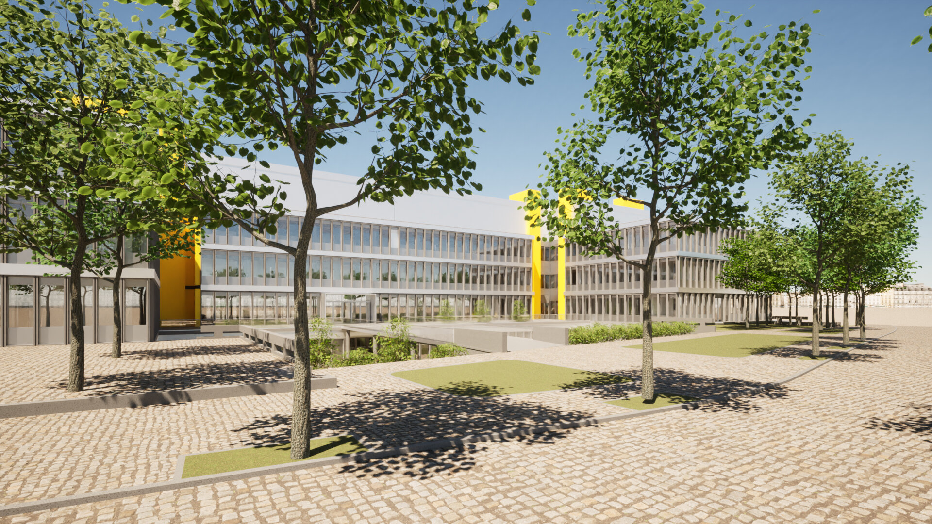 Institut für Chemie und Biochemie der FU, neuer Eingangsbereich mit Brücke, Terrasse und Senkgarten © SWECO GmbH | Berlin  | © Institut für Chemie und Biochemie der FU, neuer Eingangsbereich mit Brücke, Terrasse und Senkgarten © SWECO GmbH | Berlin 