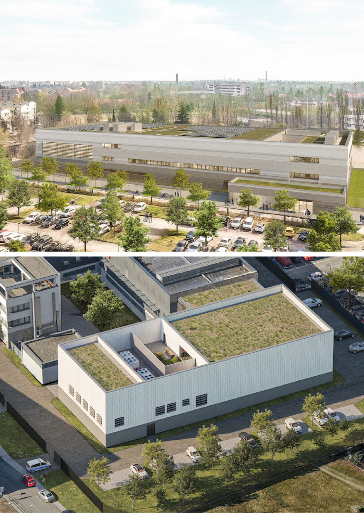 Abbildung oben: Luftbildvisualisierung Standort Gallwitzallee  © Architekturentwurf: bba:architekten © Visualisierung: cube visualisierungen / Abbildung unten: Luftbildvisualisierung Standort Nikolaus-Groß-Weg © Architekturentwurf: eggersmende architekten © Visualisierung: cube visualisierungen